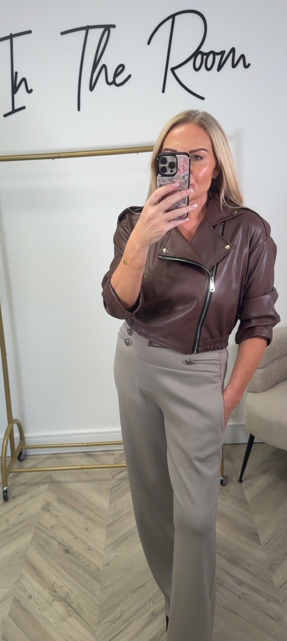 Chocolate Faux-leather Cropped Biker Jacket with Asymmetrical Zip Front