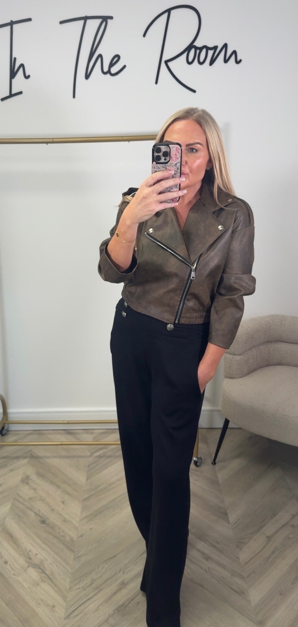 Espresso Faux-leather Cropped Biker Jacket with Asymmetrical Zip Front