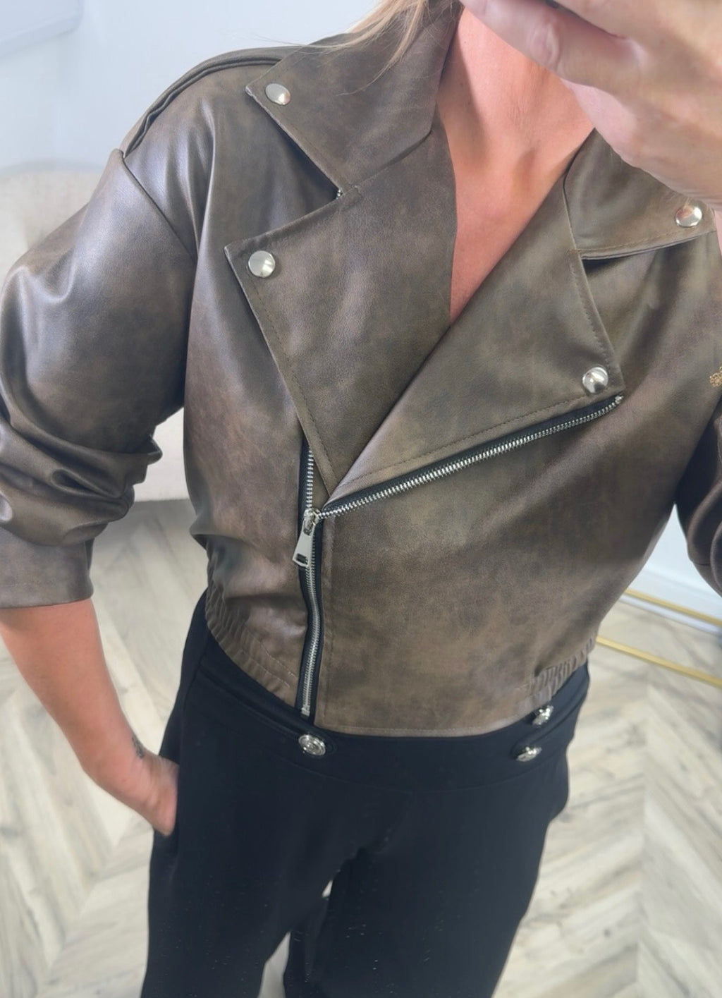 Espresso Faux-leather Cropped Biker Jacket with Asymmetrical Zip Front