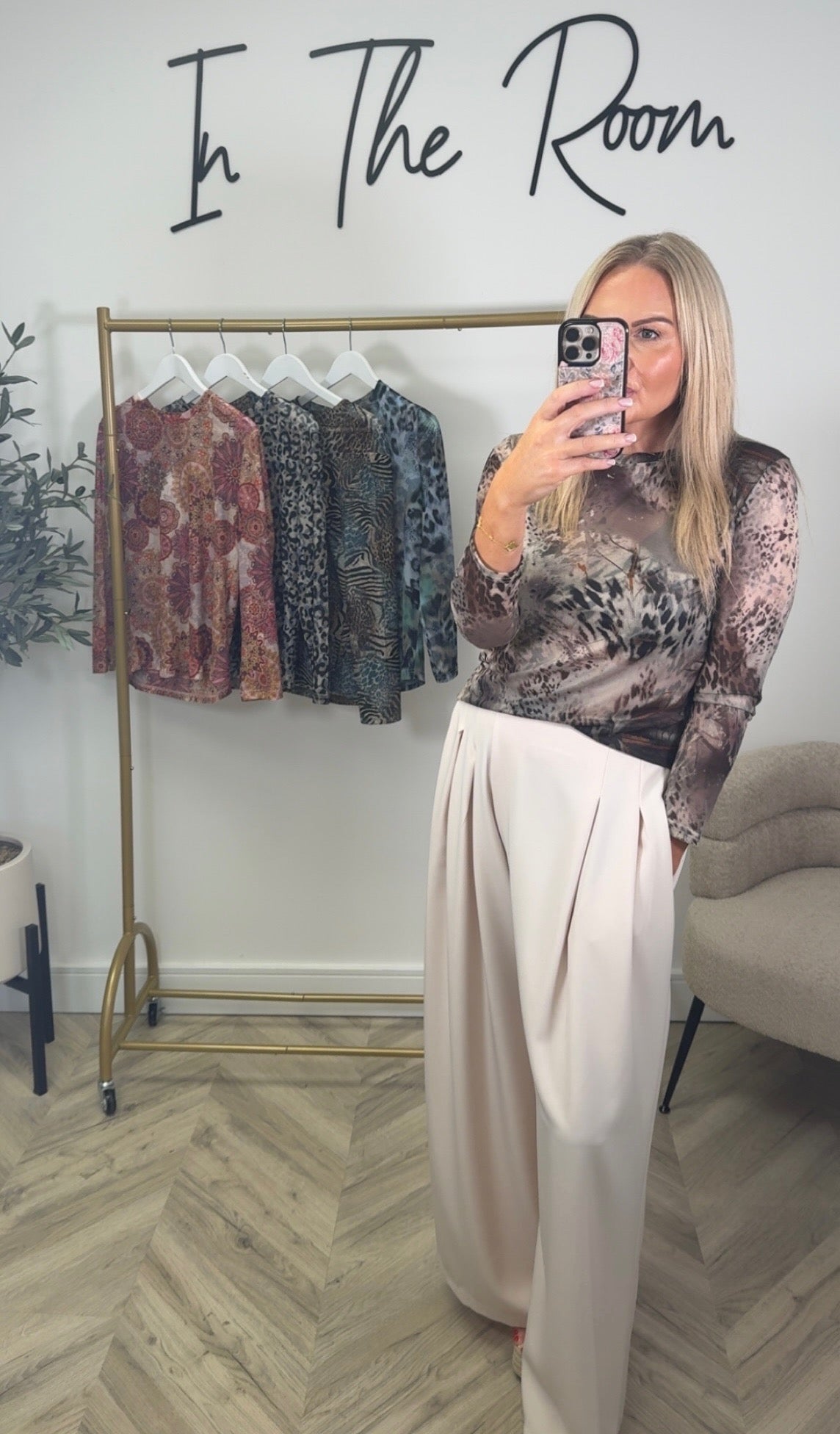 Taupe Abstract Animal Print Long-Sleeve Mesh Top