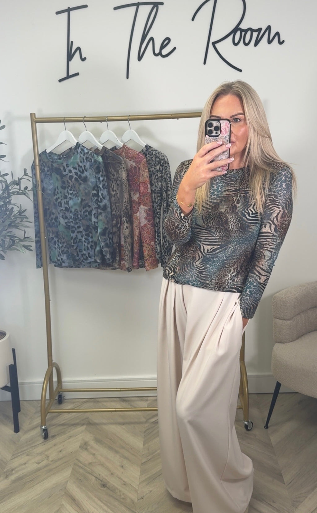 Blue Leopard Print Long-Sleeve Mesh Top