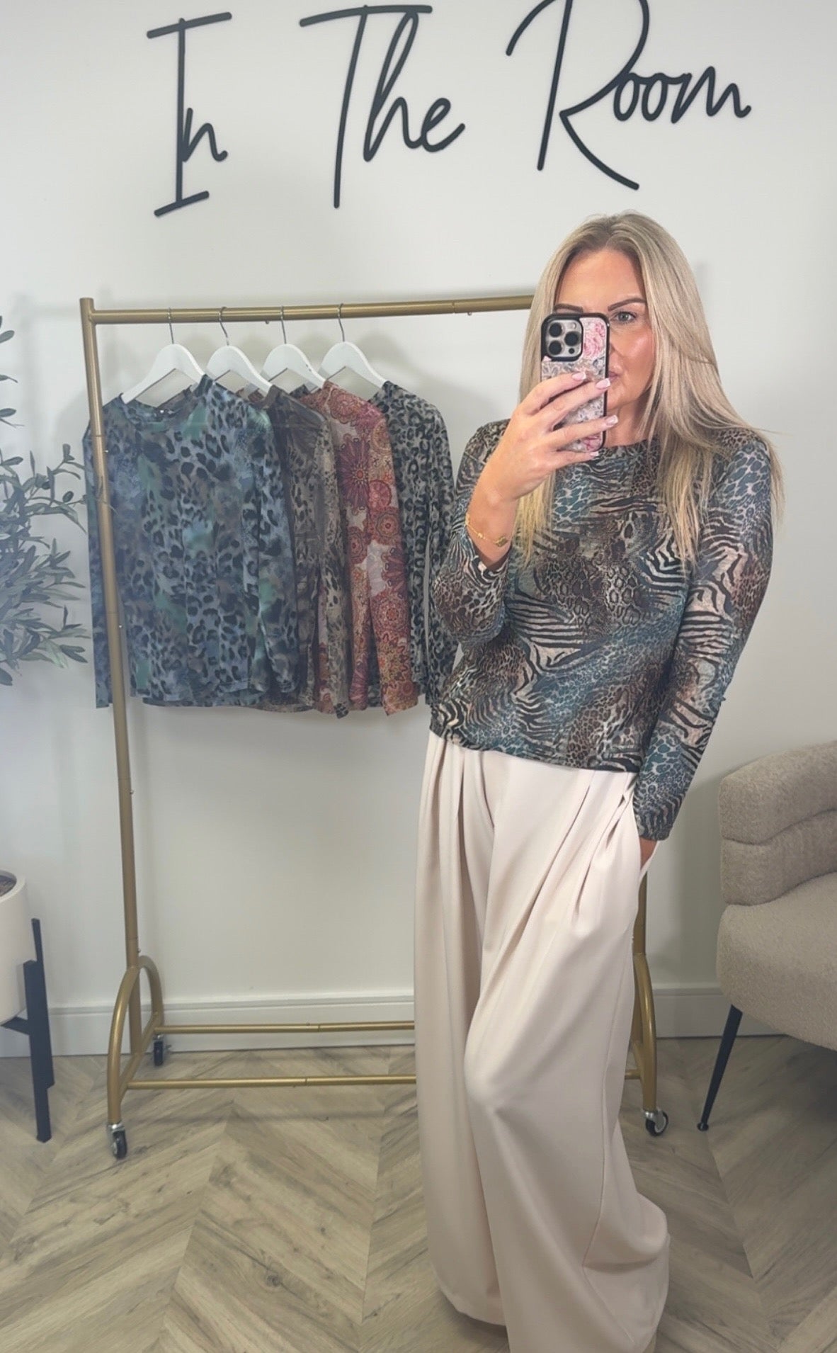 Blue Leopard Print Long-Sleeve Mesh Top