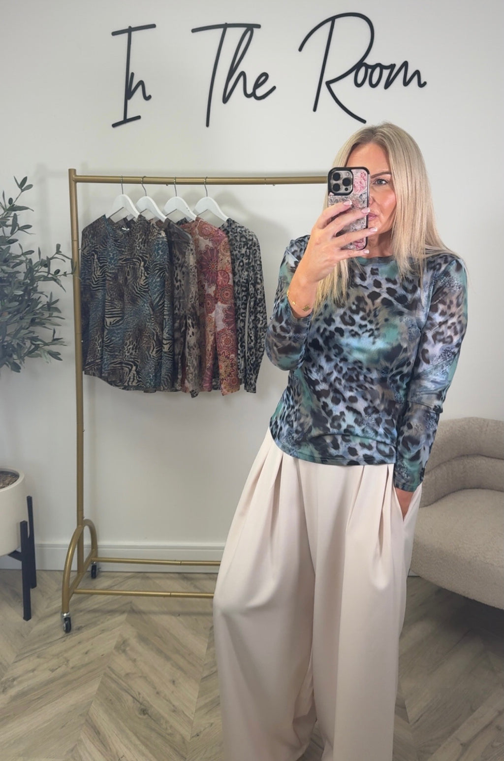 Blue & Green Mixed Animal Print Long-Sleeve Mesh Top