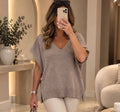 Taupe V-Neck Gold Button Detail Knit Top (available in other colours)