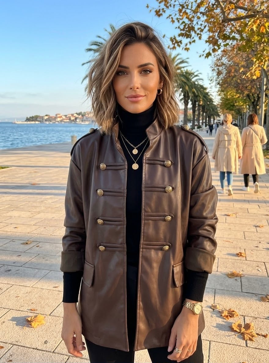 Chocolate Military Button PU Leather Jacket (available in other colours)