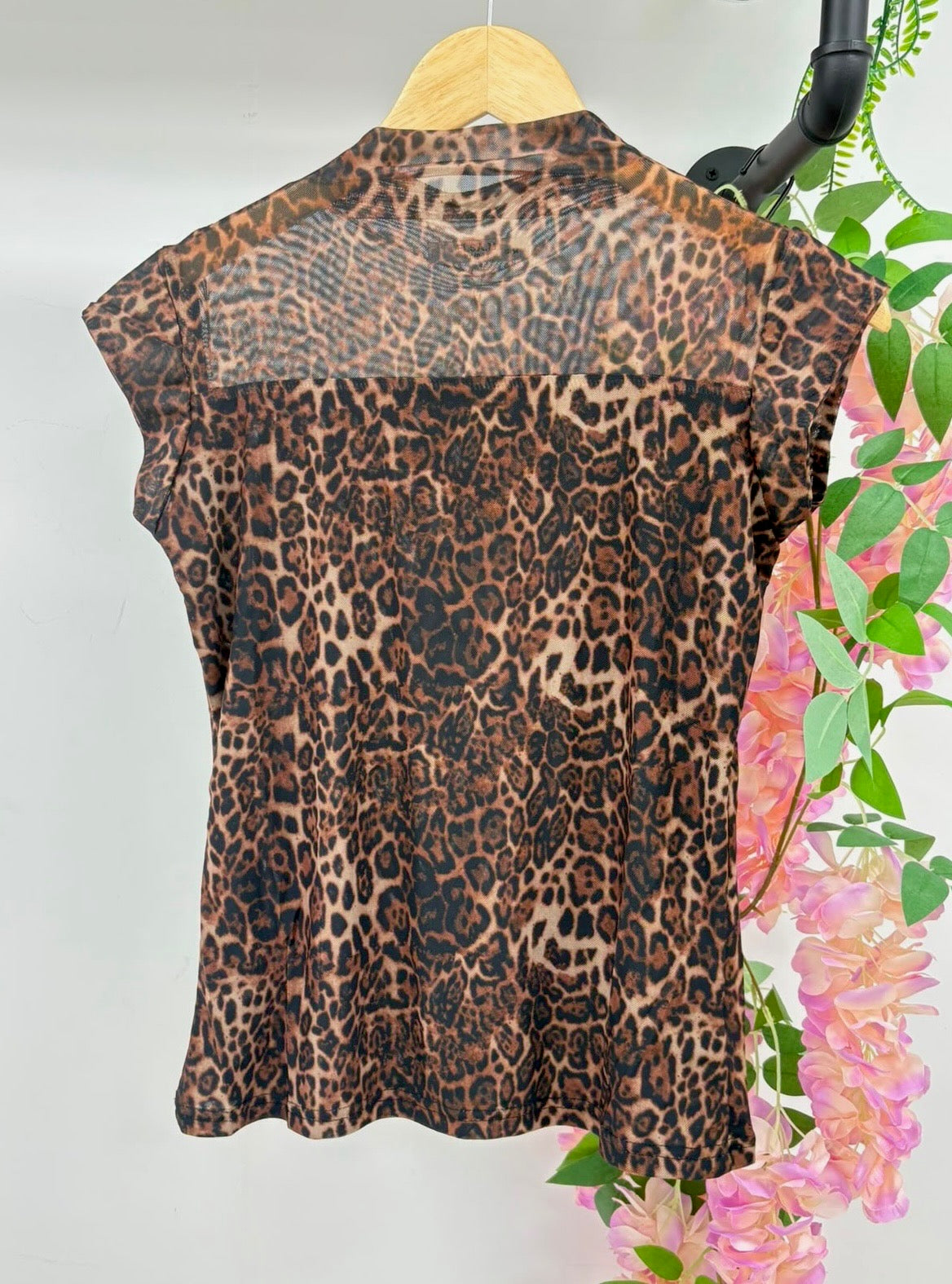Brown Leopard Sheer Short Sleeve Top