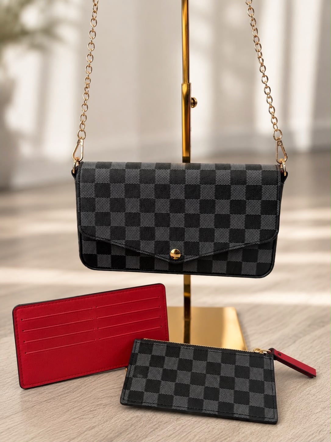 Black & Grey Check Crossbody Bag With Card Purse