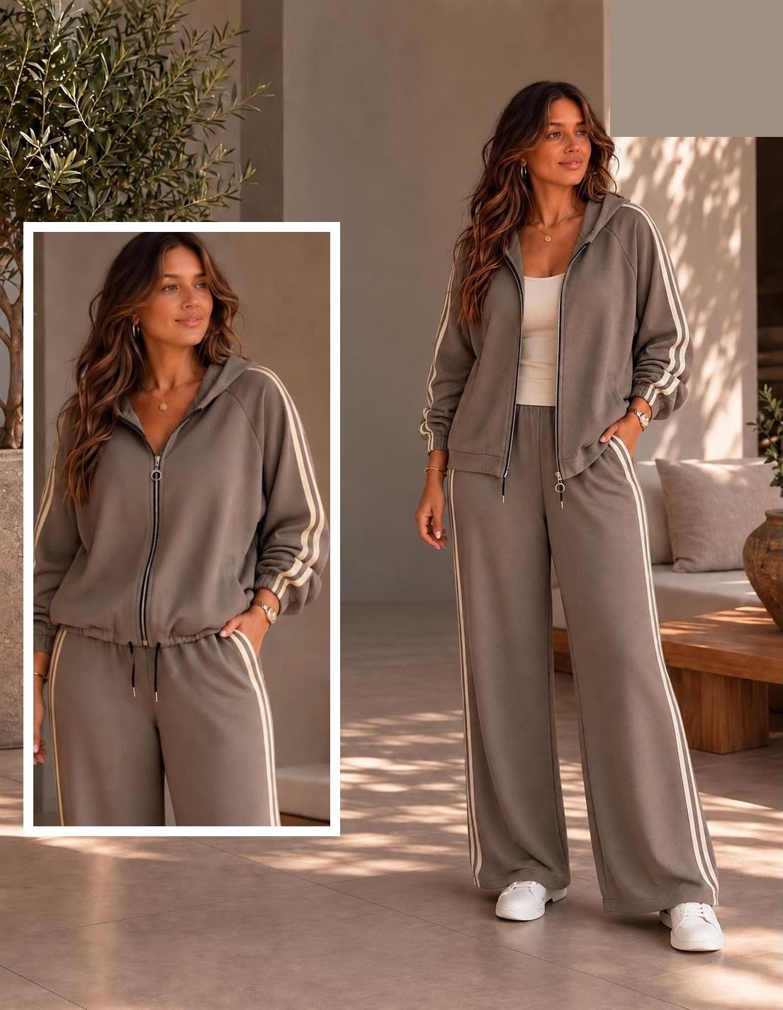 Curvy Taupe Luxe Side Stripe Tracksuit (available in other colours)