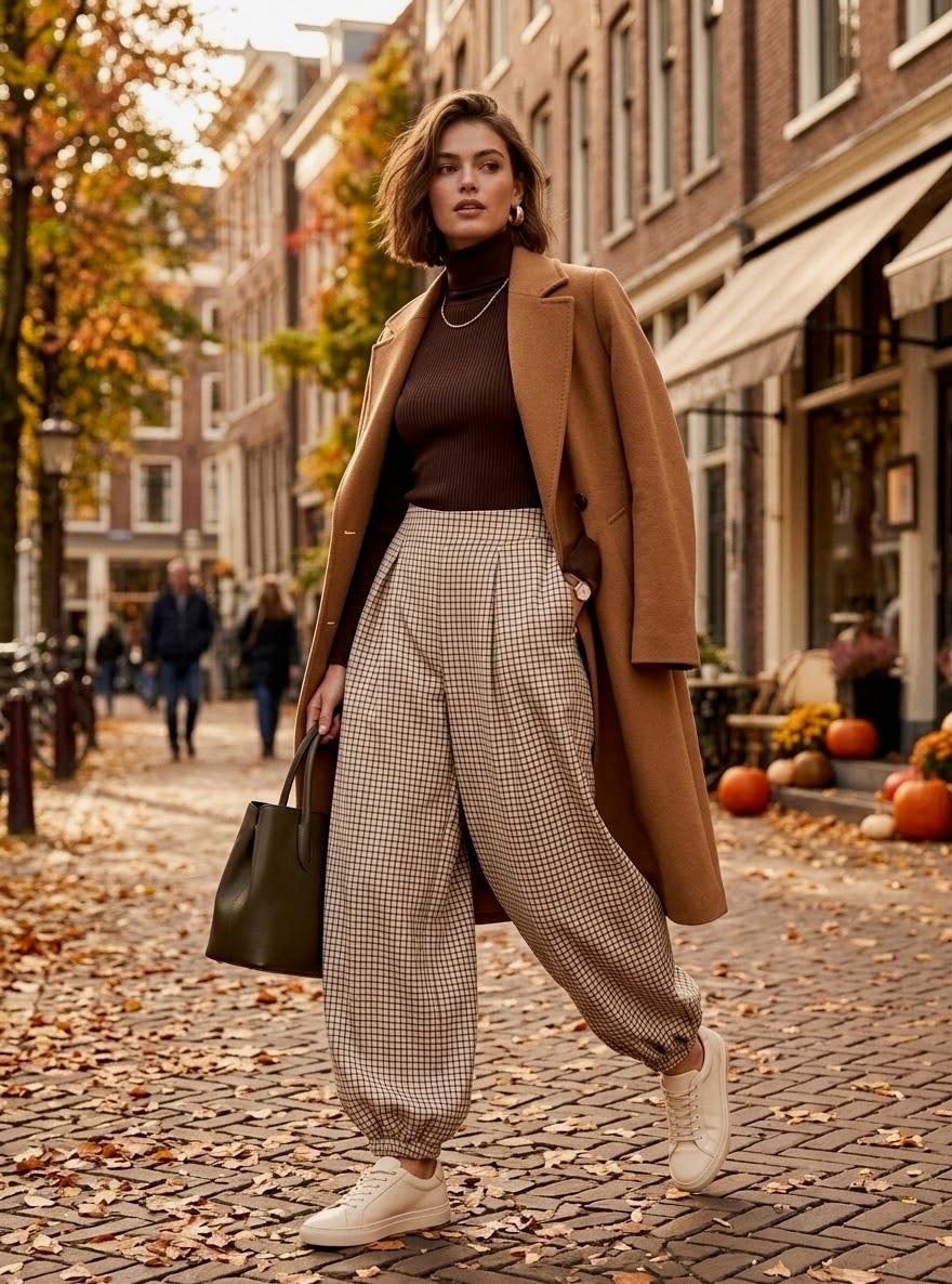 Beige Check Print Balloon Leg Trousers