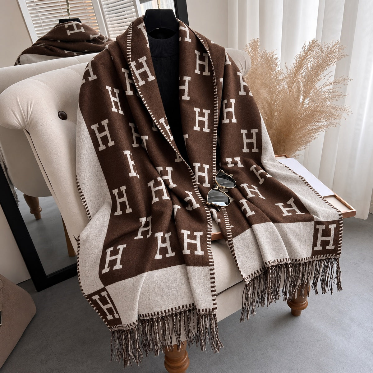 Chocolate Brown and Beige H Print Scarf