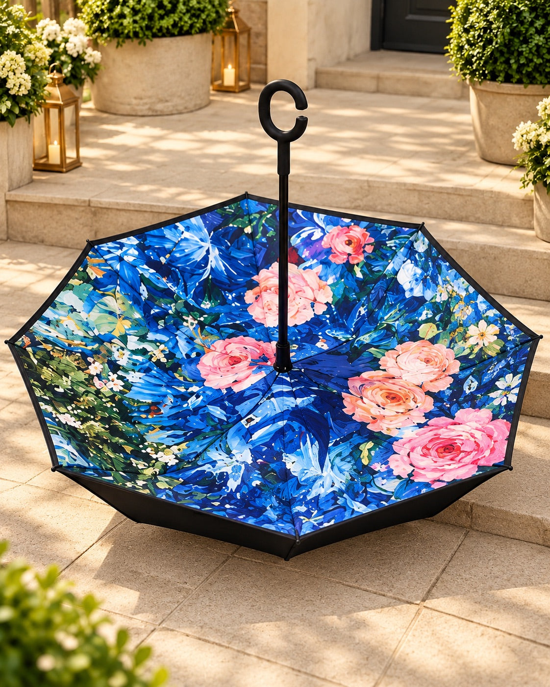 ☔ Reversible Inverted C-Handle Umbrellas - Blue Rose Garden