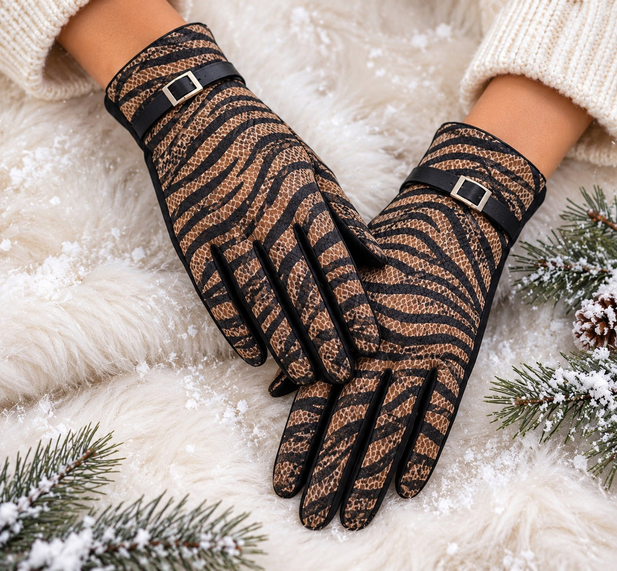 Luxe Animal Print Buckle Detail Gloves