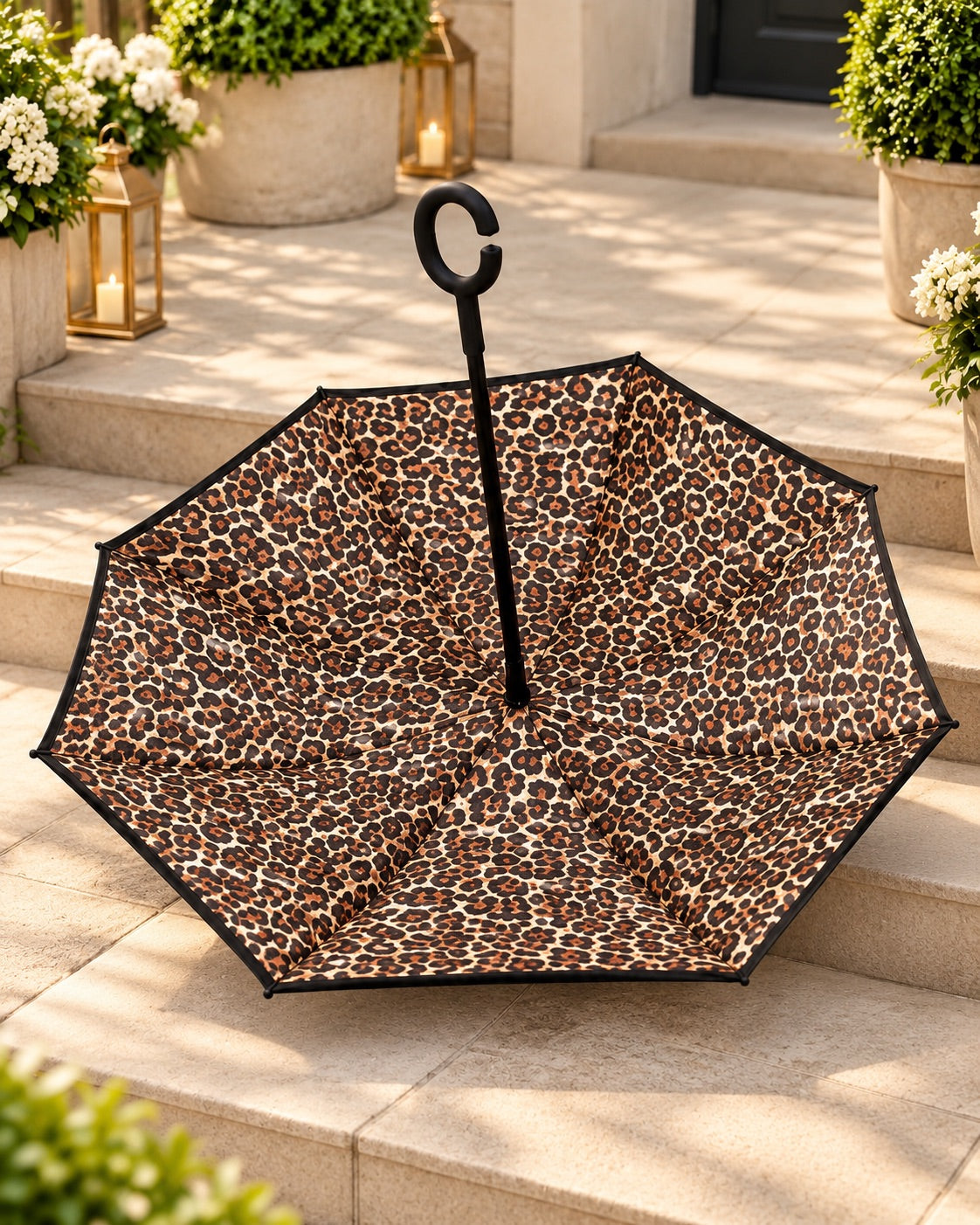 ☔ Reversible Inverted C-Handle Umbrellas - Leopard Print