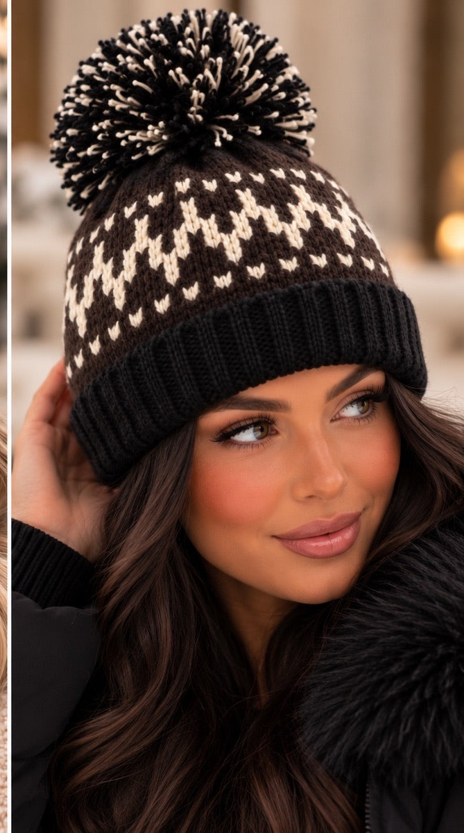 Luxe Chocolate & Black Nordic Print Bobble Hat