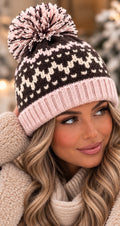 Luxe Pink & Chocolate Nordic Print Bobble Hat