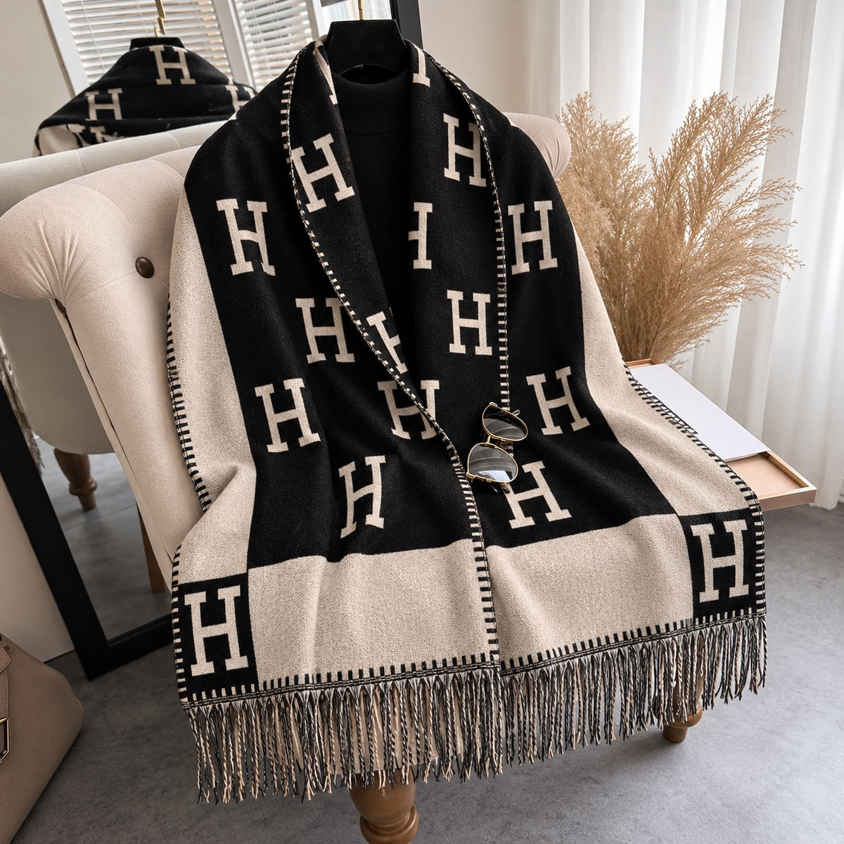 Black and Beige H Print Scarf