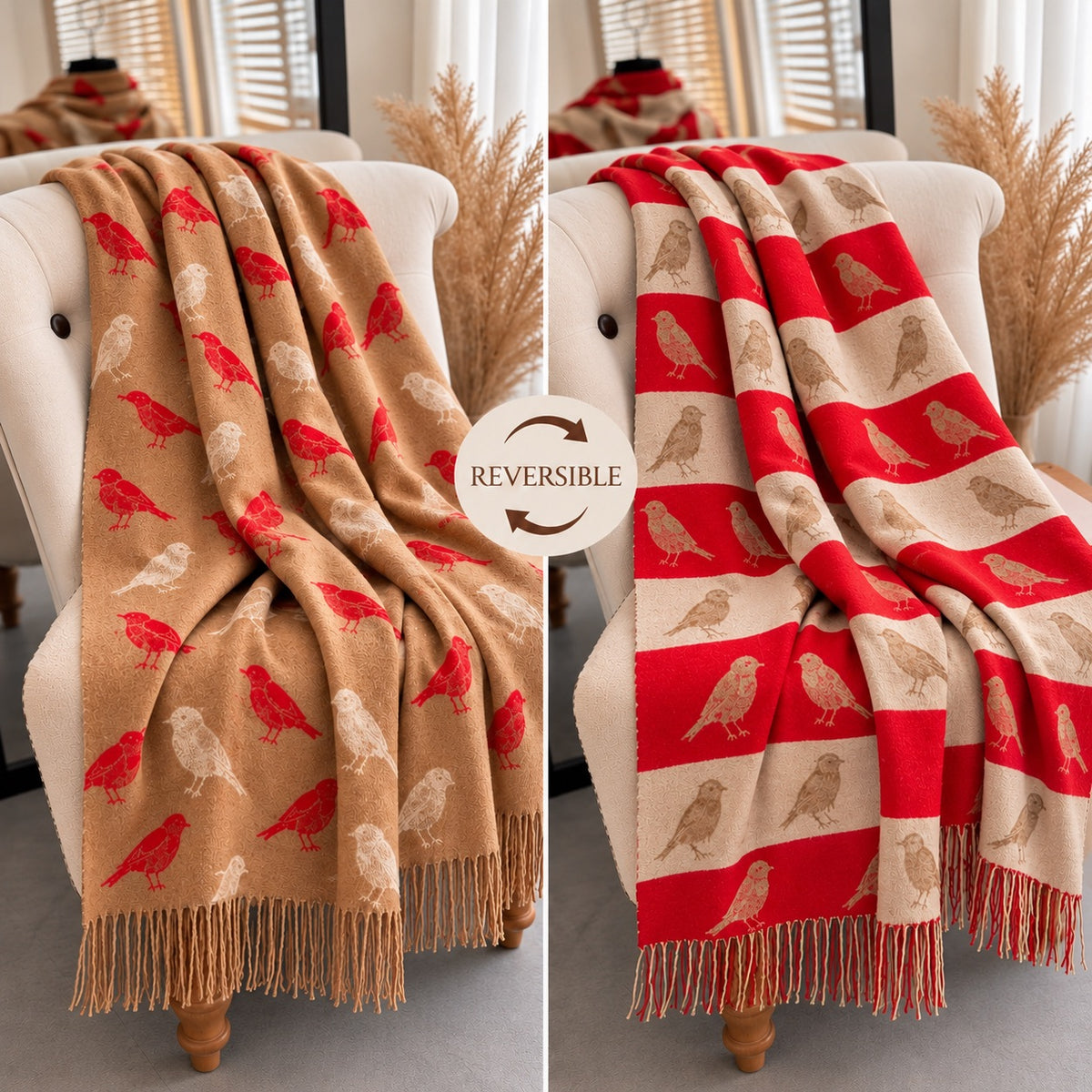 Reversible Robin Print Tassel Scarf – Camel and Red ❤️