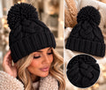 Chunky Black Cable Knit Pom Pom Bobble Hat