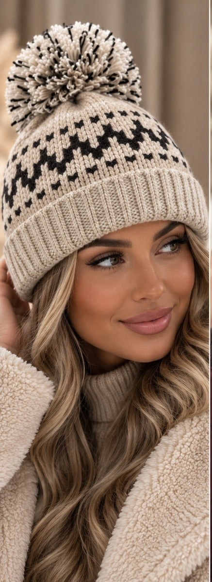 Luxe Beige Nordic Print Bobble Hat